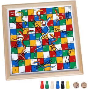 Gothink Wooden Snakes and Ladders Game - Educational Board Game for Kids and Adults - Includes Counters & Dice