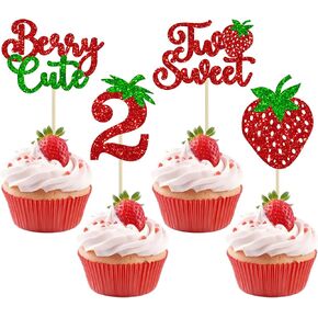 Ephlyn 24Pcs Strawberry Two Cupcake Toppers Glitter Sweet Two Cupcake Picks Berry 2nd Birthday Decor for Fruit Theme Baby Shower Second Birthday Party Cake Decorations