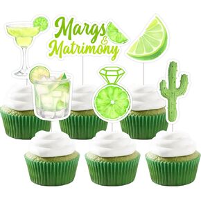 JOYMEMO 24 Pcs Margs & Matrimony Bachelorette Cupcake Toppers - Green Margarita Bridal Shower Decorations, Margaritas and Matrimony Bridal Shower Cake Decor for Mexican Fiesta Wedding Party
