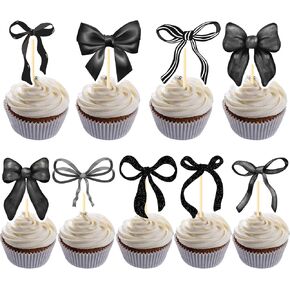 Coquete Birthday Party Decorations - 36PCS Black Bow Cupcake Toppers Decoration Bow Party Baby Shower Decor Supplies Bow Theme Bridal Shower Bachelorette Party Supplies