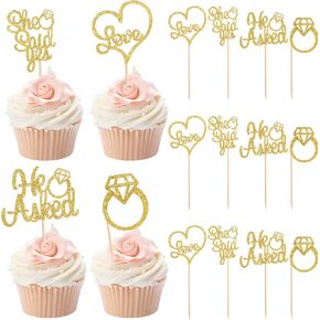 36 Pcs He Asked She Said Yes Cupcake Toppers for Engagement Party Decorations Gold Glitter Diamond Ring Heart Love Cake Picks for Wedding Bridal Shower Cake Topper Engagement Party Cake Decor Supplies