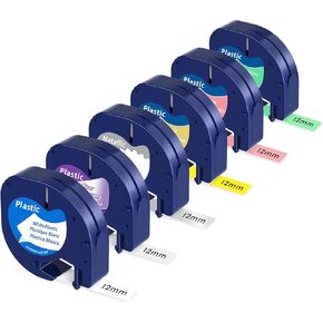 Compatible with Dymo Label Maker Refills Plastic Replace for Dymo Letratag Refills 12mm x 4m 1/2" x 13' Colored Dymo Label Tape Refill for Letra Tag LT 100H 100T 200B QX50 Label Maker, 6 Pack