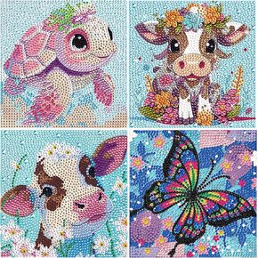 QIOUOL 4Pack Cute Cow Butterfly Diamond Art Kits for Adults Kids Beginners,DIY 5D Diamond Art Painting Kits for Teens Mosaic Gem Painting Crafts, Gifts, Birthday Gifts and Home Office Decor