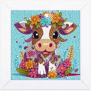 Qiouol Cow Diamond Art Kits للبالغين الأطفال مع إطار خشبي ， DIY 5D Cartoon Cartoon Diamond Art Kits للمبتدئين وحرف الفن الأحجار الكريمة والهدايا لديكور جدار المكتب المنزلي