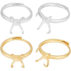 Beebeecraft 1 Box 4Pcs 2 Colors 4 Claw Prong Ring Settings 18K Gold & Platinum Plated Adjustable Blanks Finger Ring Bases Components for DIY Ring Jewelry Making