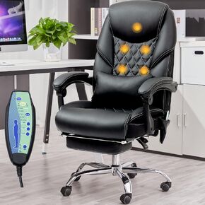 Home Office Chair, Executive Office Chair with Vibration Massage and Footrest Reclining Home Desk Chair with Extra Lumbar Pillow, Black