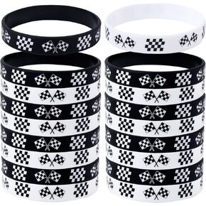 48pcs Racing Flag Rubber Bracelets, Black & White Race Car Silicone Bracelets Checkered Flag Wristbands Race Car Wristbands for Racing Party Favors Sports Events