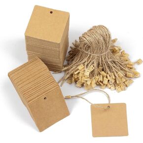 200PCS Kraft Paper Hang Tags with 200pcs Hemp Twine Hang Tag String, 2.4''×2.4'' Marking Price Tags,Writable Hanging Label Present Name Tags for Clothing Jewelry Holiday Gifts DIY Crafts