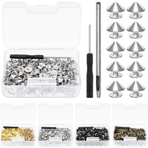 Glarks 100 Sets Sliver Cone Spikes and Studs Kit 4.7mm Bullet Spikes Screw Back Punk Studs and Spikes with Installation Tools Leather Craft Rivet Screws for Clothing Shoes Accessories