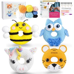 طقم Crochet Nypen للمبتدئين ، Konut Amigurumi Animals Crochet Kit للبالغين والأطفال ، مجموعة من الكروشيه 4 عبوات مع فيديو توتوريل خطوة بخطوة ، نمر ، يونيكورن ، البومة ، النحل