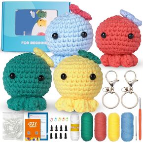 مجموعة الكروشيه للمبتدئين مجموعات بداية الكروشيه للبالغين 4 PCS Jumbo Octopus Familly Craft Knitting Crochet مع دروس في الفيديو خطوة بخطوة من محبي عيد الميلاد الرائع (4 الأخطبوط الملون)