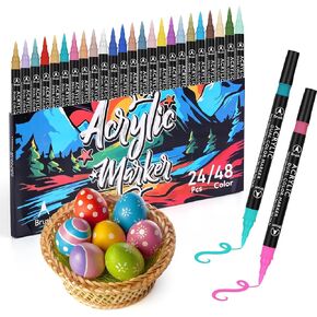 Acrylic Marker Set 24 PCS Dual Tip Acrylic Markers 48 Vibrant Colors for Rock Painting, Fabric, Wood, Glass, and DIY Crafts Perfect for Artists, Crafters and Kids