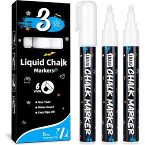 White Chalk Markers, 3 Liquid Chalk Marker Erasable, 6mm Chalk Pens for Chalkboard, Chalk Marker for Blackboard, Labels, Just Married Car Decorations, Window Markers White