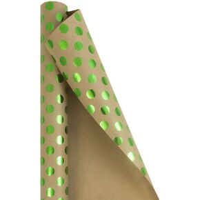 JAM Paper Gift Wrap - Kraft Wrapping Paper - 25 Sq Ft - Green Foil Polka Dots on Brown Kraft Paper - Roll Sold Individually