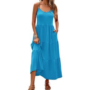 Halife Womens Flowy Tiered Maxi Dress Sleeveless Summer Sundresses Adjustable Straps Long Beach Sun Dresses with Pockets