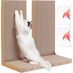 Cat Scratcher, 2pcs L Shaped Cat Scratchers, 22 Inch Cardboard Cat Scratcher, Vertical Cat Scratcher for Indoor Cats with Interactive Cat Toys, Double Sided Adhesive Pads