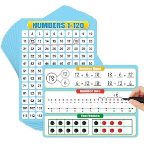 10 Pack Numbers 1-120 Chart Dry Erase Flash Card,12" x 9" Number Line Ten Frame Math Manipulatives Small White Board for Student Teacher Kindergarten 1ST 2ND Classroom Homeschool Supplies