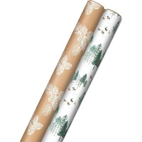 Hallmark Christmas Wrapping Paper Rolls - Green Trees, White Pine Cones on Recyclable Brown Kraft Gift Wrap Paper (Set of 2 Rolls: 150 sq. ft. ttl.) for Holiday Parties, Winter Weddings