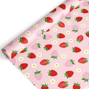 JarThenaAMCS Strawberry Wrapping Paper -Mini Roll- 17 Inch x 32.8Ft Pink Red Strawberry Flower Gift Wrap Paper Fruit Theme Art Paper for Wedding Bridal Shower Birthday