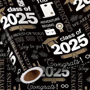 RUSPEPA Graduation Wrapping Paper Roll, Mini Roll, Black Gold Class of 2025 with Champagne Caps Gift Paper, YOU DID IT! Paper for Ceremony Party, Grade Class Graduation Celebrations, 17 In X 16.4 Ft