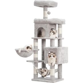 Heybly Cat Tree with Large Platform, Multi-Level Cat Tower with 2 Caves, Cat Condo with 6 Sisal Scratching Posts, Top Perch and Hammock for Indoor Cats Basket, Gray HCT016G