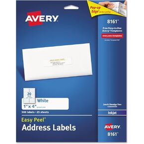 Avery 8161 Easy Peel Address Labels, Inkjet, 1 x 4, White, 500/Pack