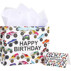 13" Large Baby Boy Birthday Gift Bag Includes Tissue Paper，Greeting Card and Envelope (Cartoon Off-Road Vehicle)