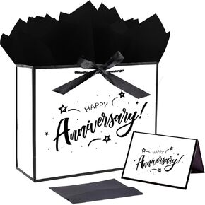 JWSCYSY 12.6" White and Metallic Black Happy Anniversary Paper Bag, Gift Bag with Card, Ribbon and Tissue Paper, Gift ideas for Anniversary Party, Wedding Anniversary Party Supplies.