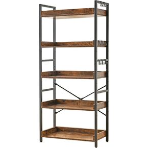 HCHQHS Adjustable 5 Tier Open Bookcase, Rustic Farmhouse Book Shelves, Industrial Wood and Black Metal Bookshelves, Mid Century Bookcase for Home Office Living Room Bedroom
