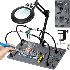 10X Magnifying Glass with Light, Soldering Helping Hands Repair Mat, Any Color Stepless Dimming Magnifying Lamp, 4 Flexible PCB Arms, Non-Slip Weighted Base Magnifier for Miniatures Paint Craft