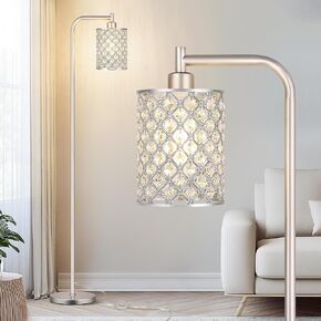 QiMH Industrial Floor Lamp for Living Room, Modern Standing Lamp with Crystal Lampshade Pedal Switch, 67" Tall Lamp for Bedroom Study Room, Silver (2700K LED Bulb Included)