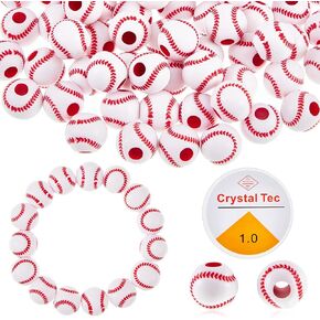 Taiyin 200 Pcs Baseball Beads with 1 Roll of Elastic Rope 10.5 mm Acrylic Beads for Jewelry Making Softball Sports for Baseball Craft Supplies DIY Making(Baseball Style)