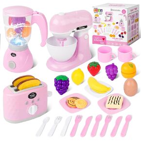 deAO Kids Kitchen Playset,28 PCS Kitchen Appliances Toys with Blender,Mixer and Toaster with Realistic Light and Sounds,Pretend Play Toy for Kids Ages 3 4 5