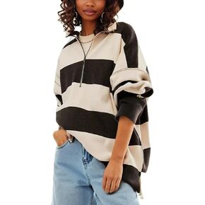 Oversized Sweatshirts for Women Quarter Zip Pullover Long Sleeve Color Block Loose Knit Y2k Sweater(Black,M)