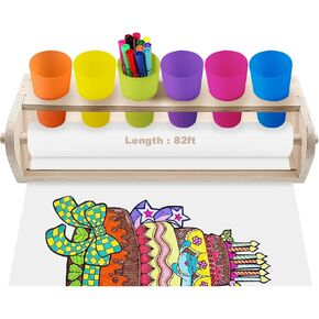 Wooden Art Easel Tabletop Paper Roll Dispenser with Six Pencil Holder Cups and Paper Rolls (17.3" x 82ft) Art Painting Easel Desktop Easel for Drawing Durable Paper Roll Holder for Kids
