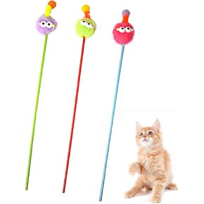 IUHKBH Cat Wands, 3 PCS Cute Cat Teaser Wands with Soft Ball Interactive Cat Toys with Bell for Cat and Kitten