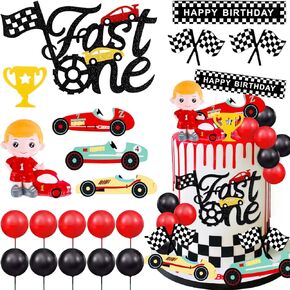 MEMOVAN Fast One Cake Topper Race Car First Birthday Cake Decorations with Red Black Balls for Boy's Kids Racing Car Checkered Flag Themed Birthday Party Favors