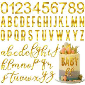 Kathfly 124 Pcs Acrylic Number Alphabet Cake Topper DIY Personalized Name Cupcake Toppers with A-z Letter Custom Your Birthday Party 0-9 Number Cake Decoration for Wedding Baby Shower(Gold)