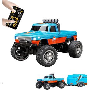 Mini RC Truck, Mini RC Monster Truck, 1:64 Scale Monster Truck Remote Control Car with Lights, 2.4Ghz Remote Control, Mini Alloy Monster Truck Rc with Trailer, Speed/Steering Adjustable