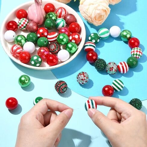 LiQunSweet 50 pcs 20MM Christmas Theme Bubblegum Beads Chunky Round Xmas Red Green Acrylic Spacer Beads Kit for Christmas Jewelry Necklace Bracelet DIY Craft Making in Kuwait