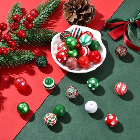 LiQunSweet 50 pcs 20MM Christmas Theme Bubblegum Beads Chunky Round Xmas Red Green Acrylic Spacer Beads Kit for Christmas Jewelry Necklace Bracelet DIY Craft Making in Kuwait