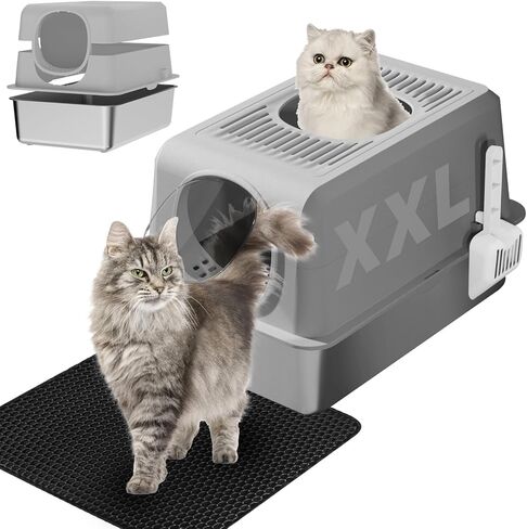 Stainless Steel Cat Litter Box, Extra Large Enclosed Top Entry Litter Box for Big Cats, Metal Litter Box, Easy to Clean, Anti-Urine Leakage, High Sided Kitty Litter Box with Scoop and Mats in Saudi Arabia