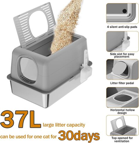 Stainless Steel Cat Litter Box, Extra Large Enclosed Top Entry Litter Box for Big Cats, Metal Litter Box, Easy to Clean, Anti-Urine Leakage, High Sided Kitty Litter Box with Scoop and Mats in Saudi Arabia