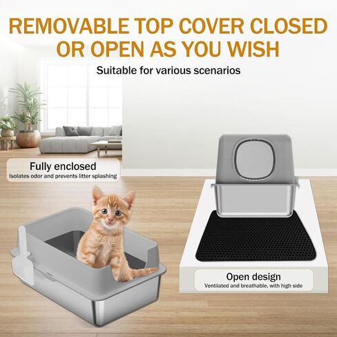 Stainless Steel Cat Litter Box, Extra Large Enclosed Top Entry Litter Box for Big Cats, Metal Litter Box, Easy to Clean, Anti-Urine Leakage, High Sided Kitty Litter Box with Scoop and Mats in Saudi Arabia