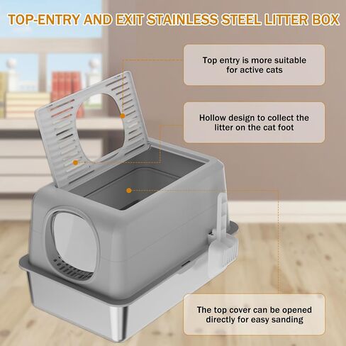 Stainless Steel Cat Litter Box, Extra Large Enclosed Top Entry Litter Box for Big Cats, Metal Litter Box, Easy to Clean, Anti-Urine Leakage, High Sided Kitty Litter Box with Scoop and Mats in Saudi Arabia