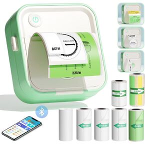 آلة صانع الملصقات ، طابعة HD Mini Sticker مع 7 لفات الورق ، تدعم جراب الطباعة الحرارية المحمولة أوراق 12-57 مم ، طابعة جيب بلوتوث للمنزل والمطبخ والمدرسة والهاتف التوافق والكمبيوتر اللوحي (الأخضر)