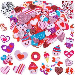 Winlyn Assorted Valentine's Day Stickers Embellishments Craft Smile Face Heart Cupcake Owl Bee Sweet Shaped Cutouts Felt Stickers Glitter Heart Foam Stickers for Kids Scrapbooking Cards Decoration