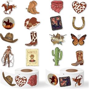 CNhoqc 1000pcs Western Cowboy Sticker Rolls (2 Rolls), 16 Designs Cowboy Hat Boots Cactus Decorative Decals for Kids, Cowboy Lover Self-Adhesive Sticker for Boys Waterbottle Scrapbook Giftwrap Decor