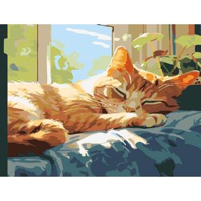 Gxgllpzby Cat Sleep Window Paint بواسطة أرقام أرقام للمبتدئين للمبتدئين ، وملفات نافذة نوم DIY بأرقام للبالغين ، وطلاء من القماش السهل بالرقم بدون إطار جدار المنزل 16 × 20 في