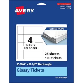 Avery Printable Rectangle Tickets, 2-3/4" x 8-1/2", Glossy White Cardstock, Laser/Inkjet, 100 Total